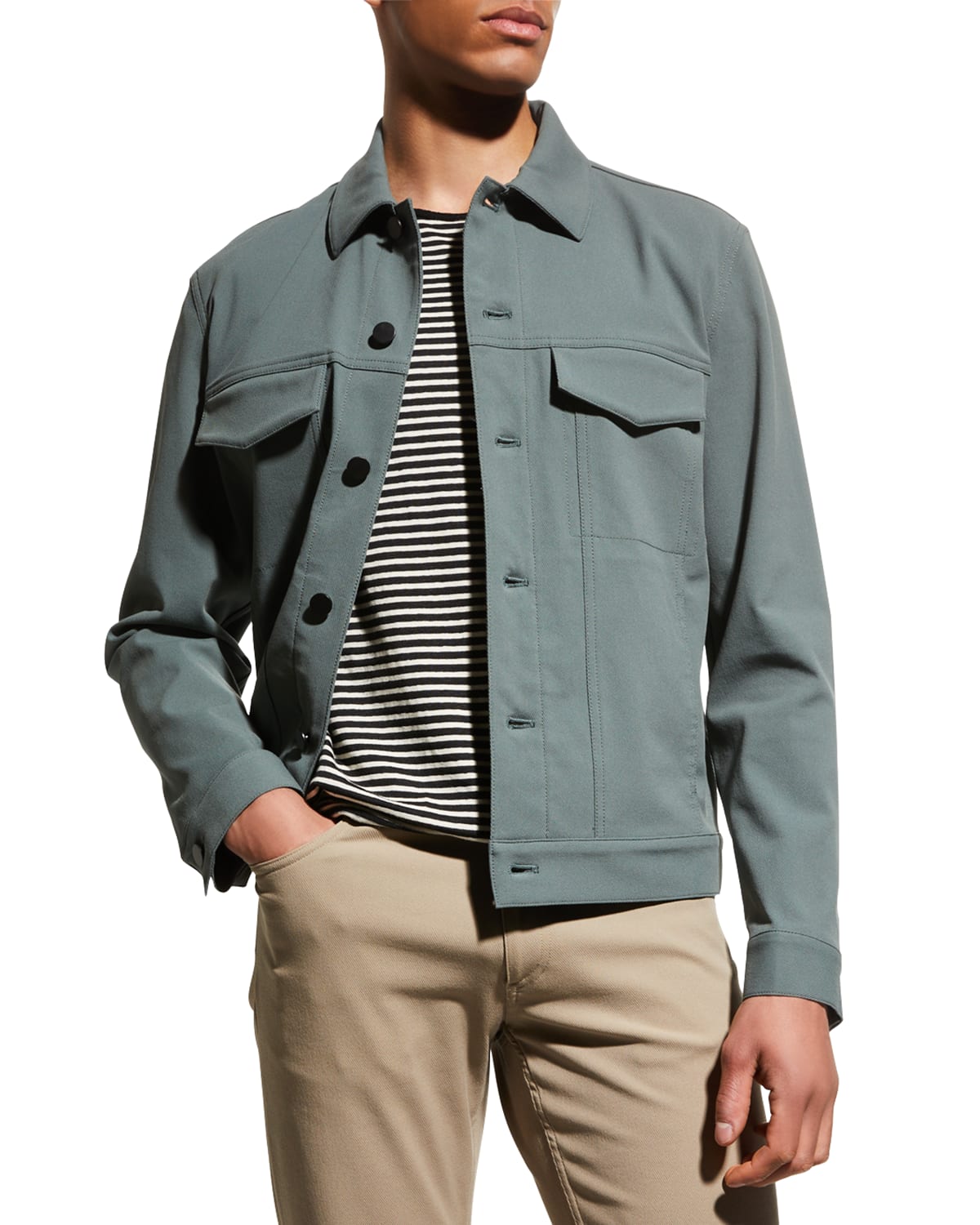 Theory River Stretch Neoteric Twill Trucker Jacket In Balsam Green