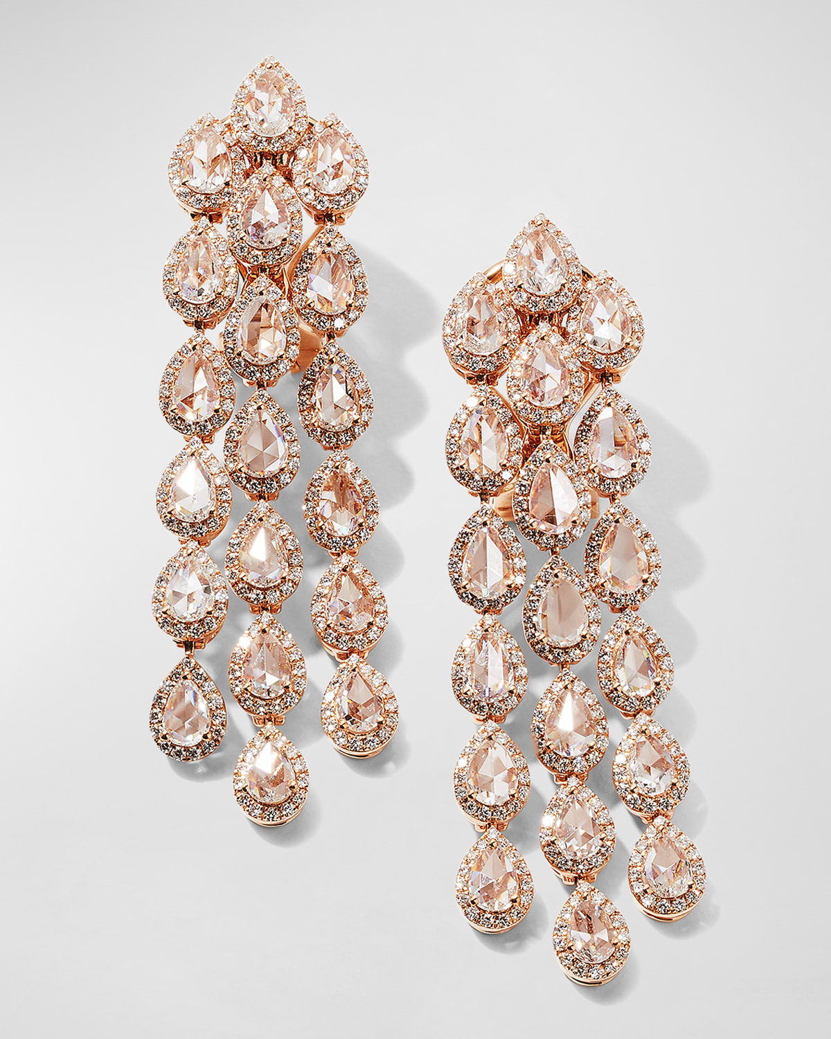 64 Facets Scallop 18K Rose Gold Diamond Chandelier Earrings, 5.21tcw