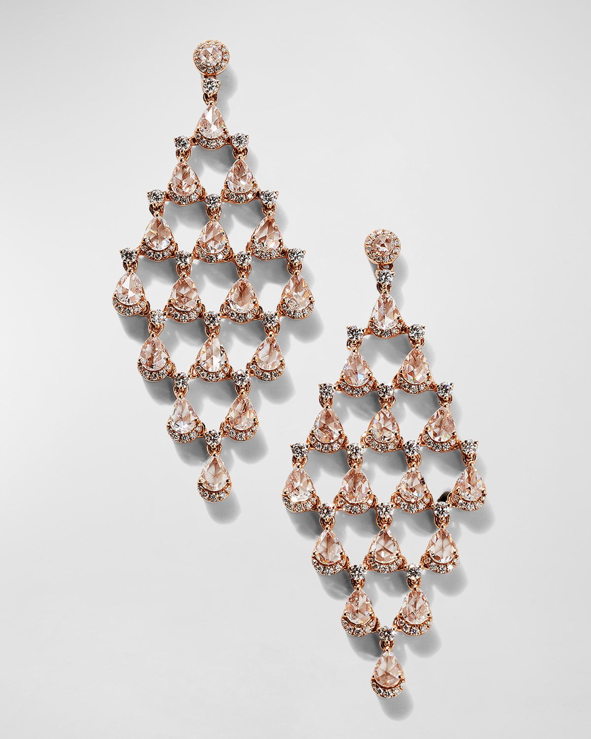 64 Facets Rose Gold Pear and Round Diamond Chandelier Earrings, 4.85tcw
