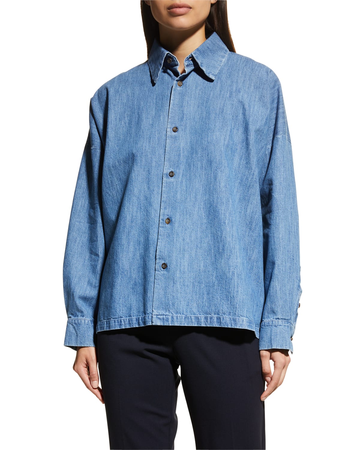Shop Eskandar Wide A-line Denim Shirt With Collar (mid Length) In Denimlight