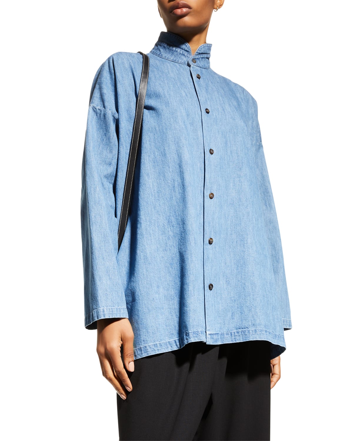 Denim Angled-to-Front Side-Seam Shirt With Double Stand Collar (Long Length)