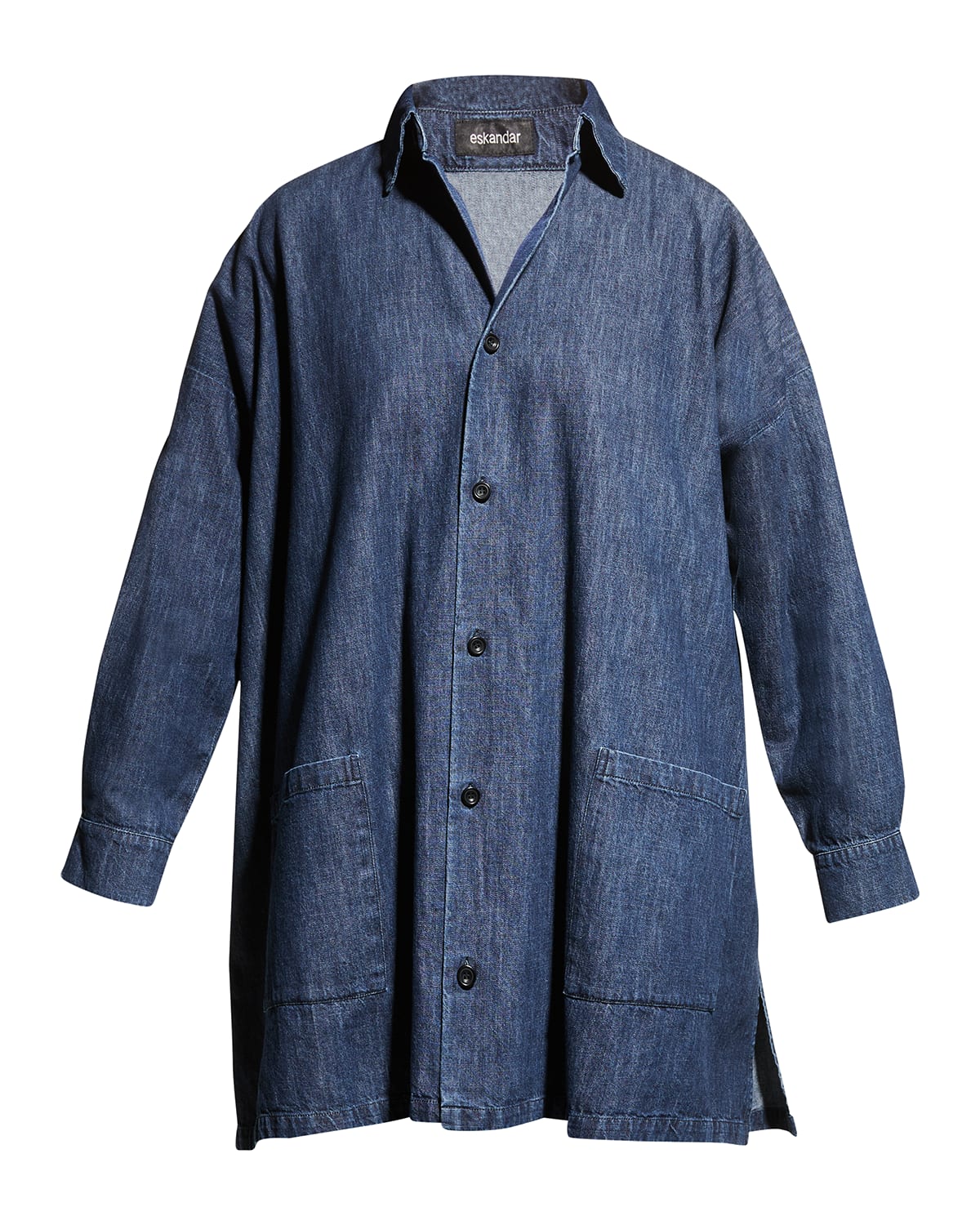 ESKANDAR WIDE A-LINE DENIM SHIRT JACKET WITH COLLAR (VERY LONG LENGTH)