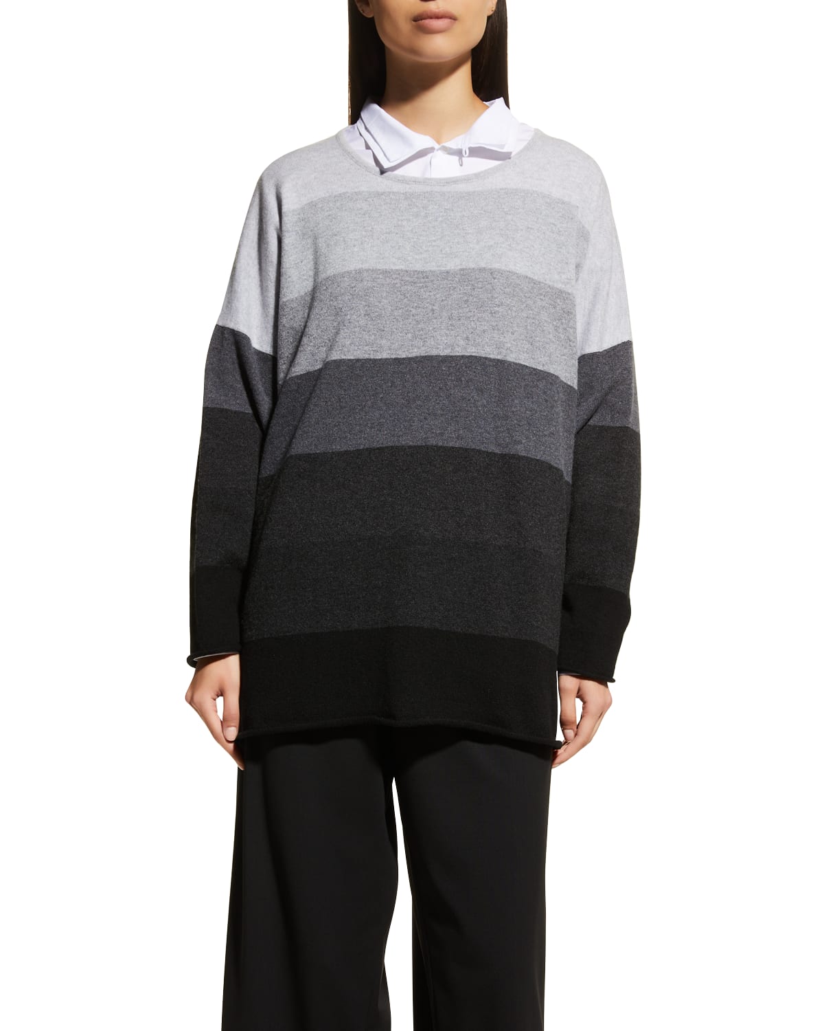 Shop Eskandar Striped A-line Bateau-neck Sweater (long Length) In Greys