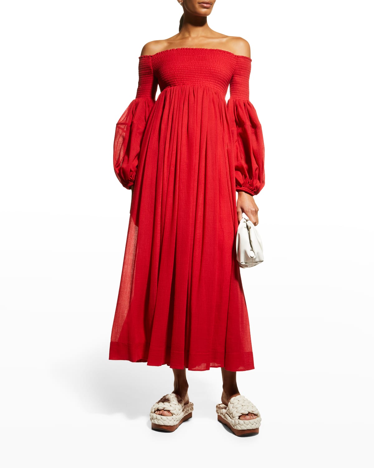 Chloé Shirred Off-the-shoulder Puff-sleeve Maxi Dress In Red | ModeSens