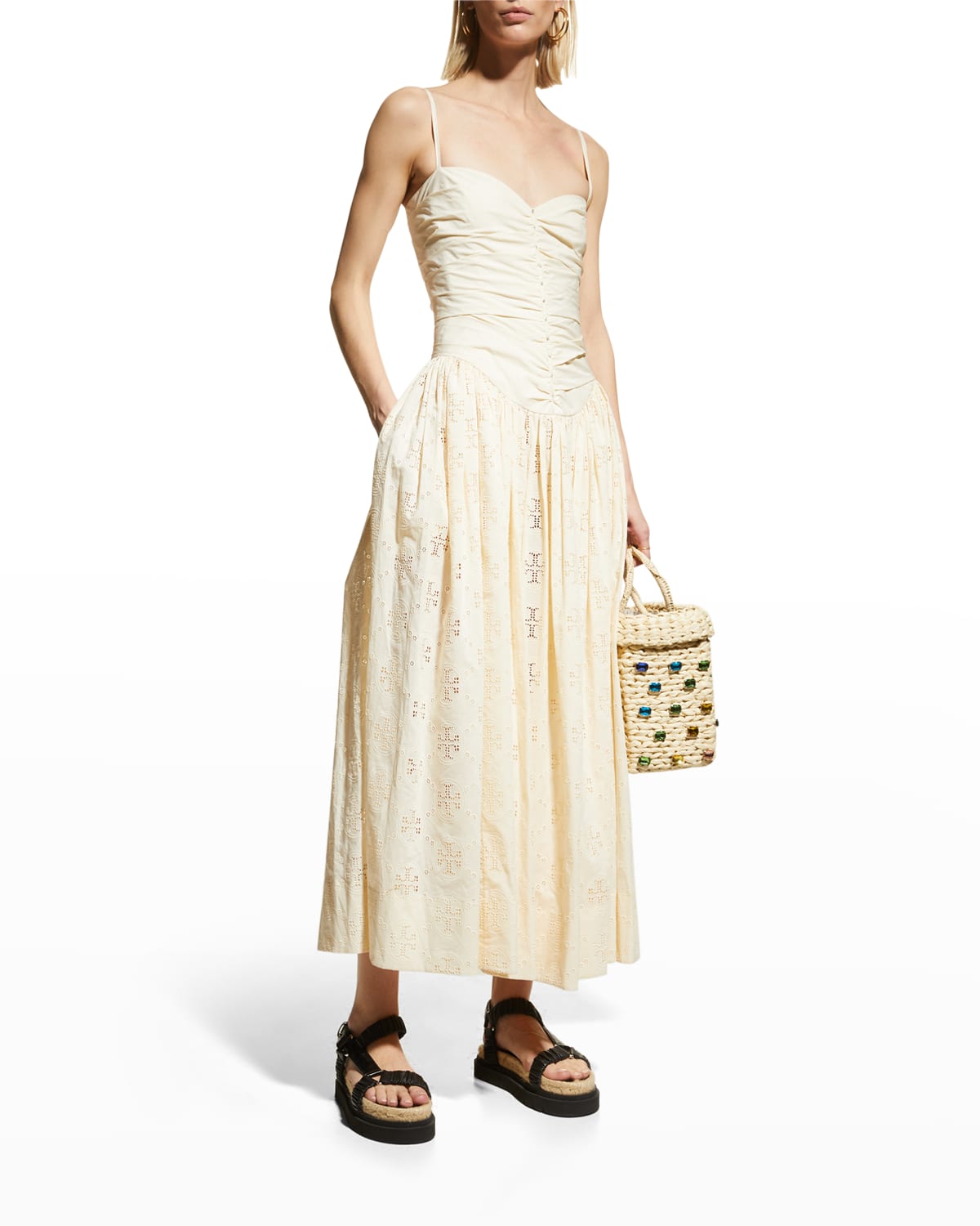 Tory Burch Sleeveless Embroidered Eyelet Dress In French Cream | ModeSens