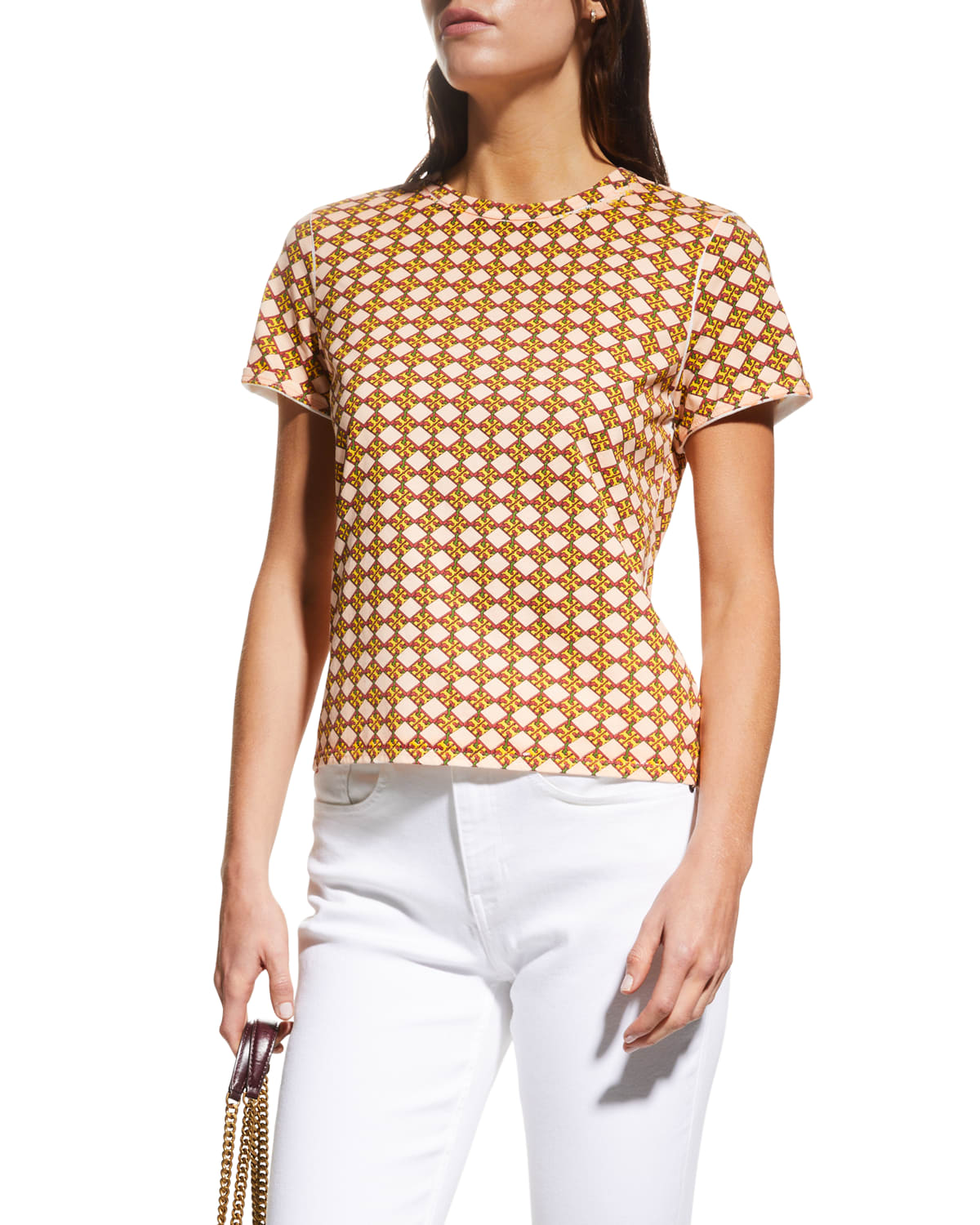 Tory Burch Logo Checker-print T-shirt In Pink