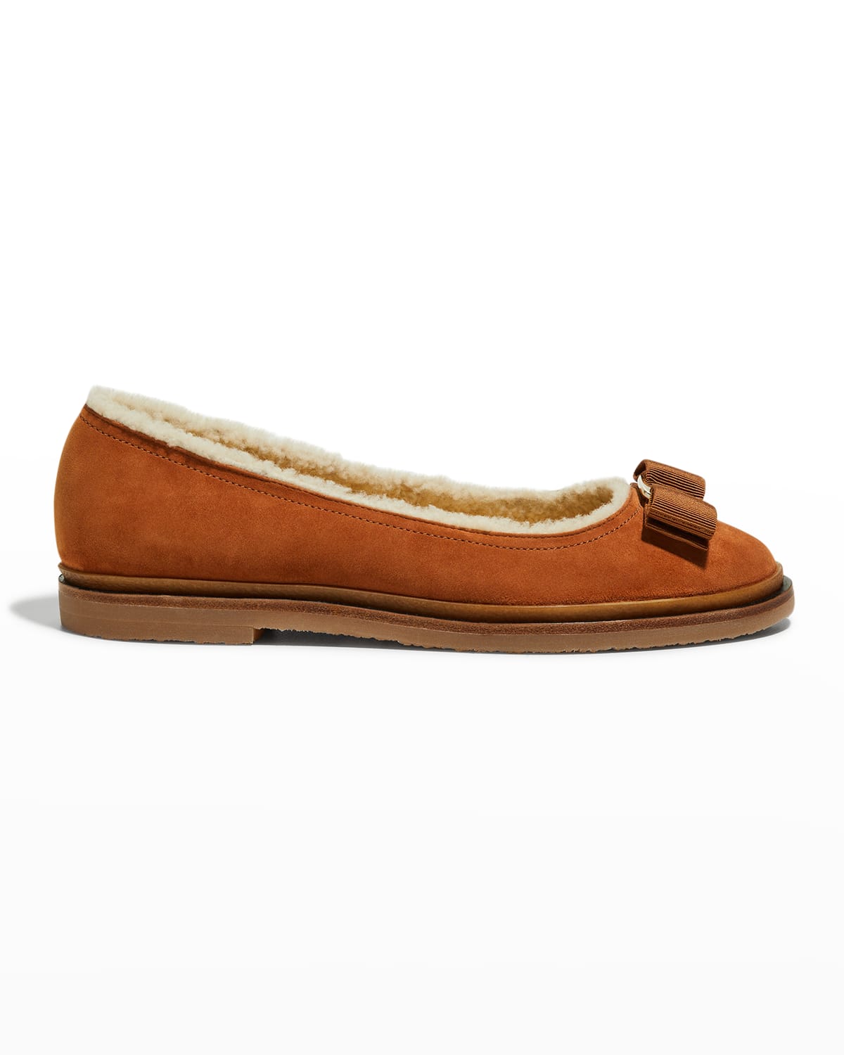 Ferragamo Varina Shearling-lined Bow-embellished Suede Ballet Flats In New Vicuna
