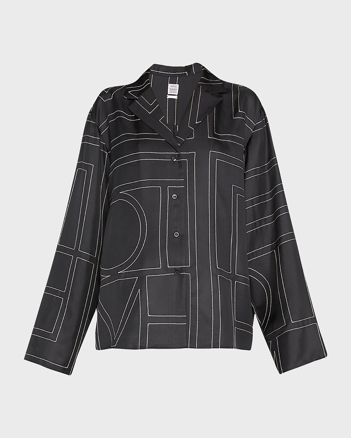 Shop Totême Monogram-embroidered Silk Pajama Top In Black