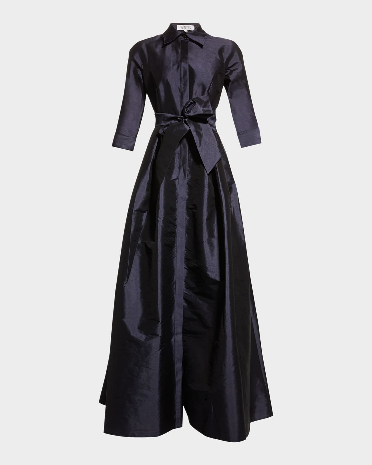 Rickie Freeman For Teri Jon 3/4-sleeve Taffeta Shirtdress Gown In Navy