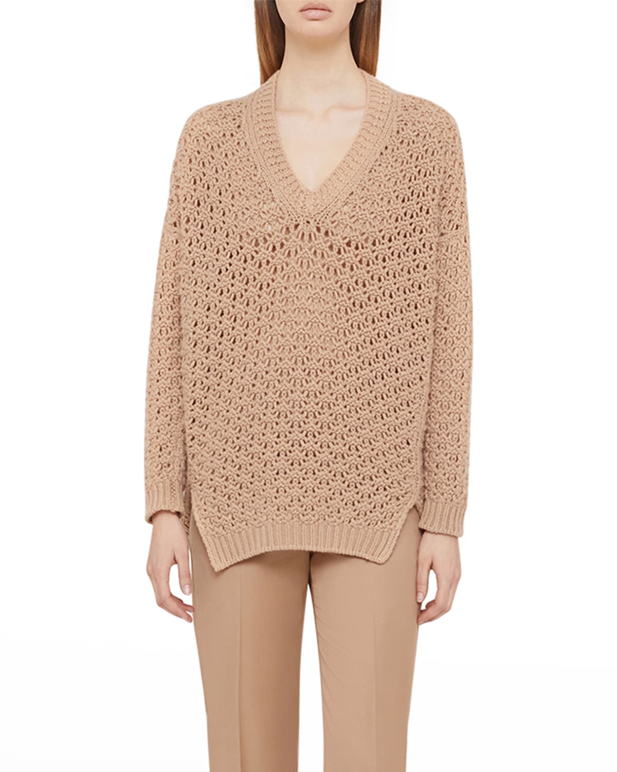 Agnona Beige Open-knit Sweater With V-neckline In Camel