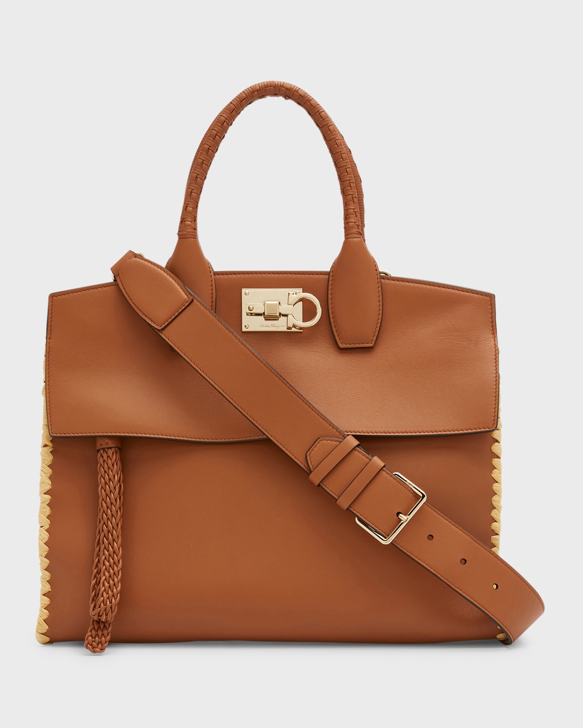 The Studio Woven Raffia & Leather Top-Handle Bag