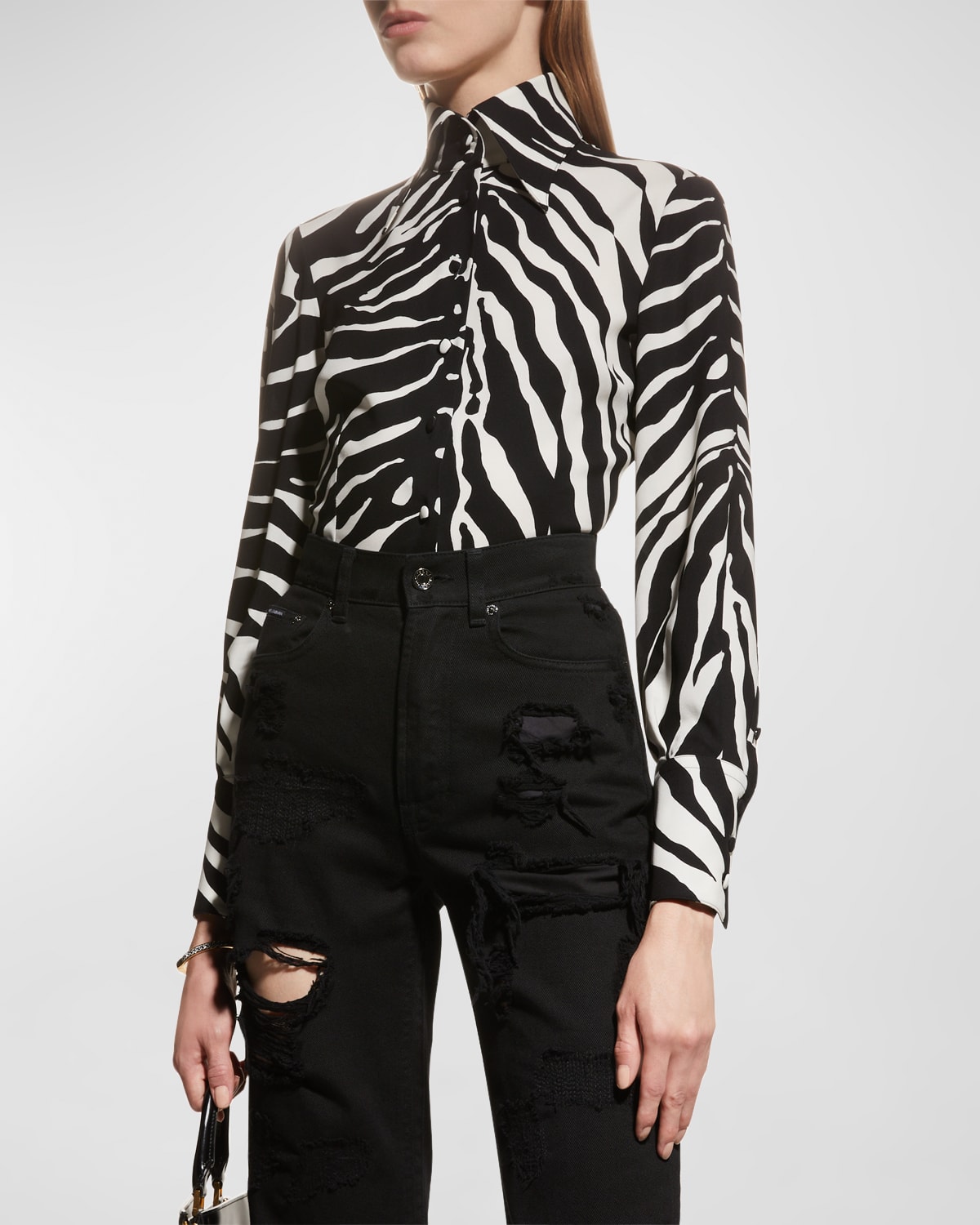Dolce & Gabbana Slim Fit Zebra Printed Silk Crepe Shirt In Naturalwhi