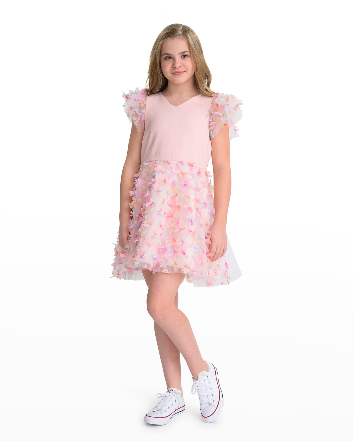 ZOE GIRL'S RACHEL KNIT BODICE DRESS WITH 3D BOWS AND PUFF SLEEVES