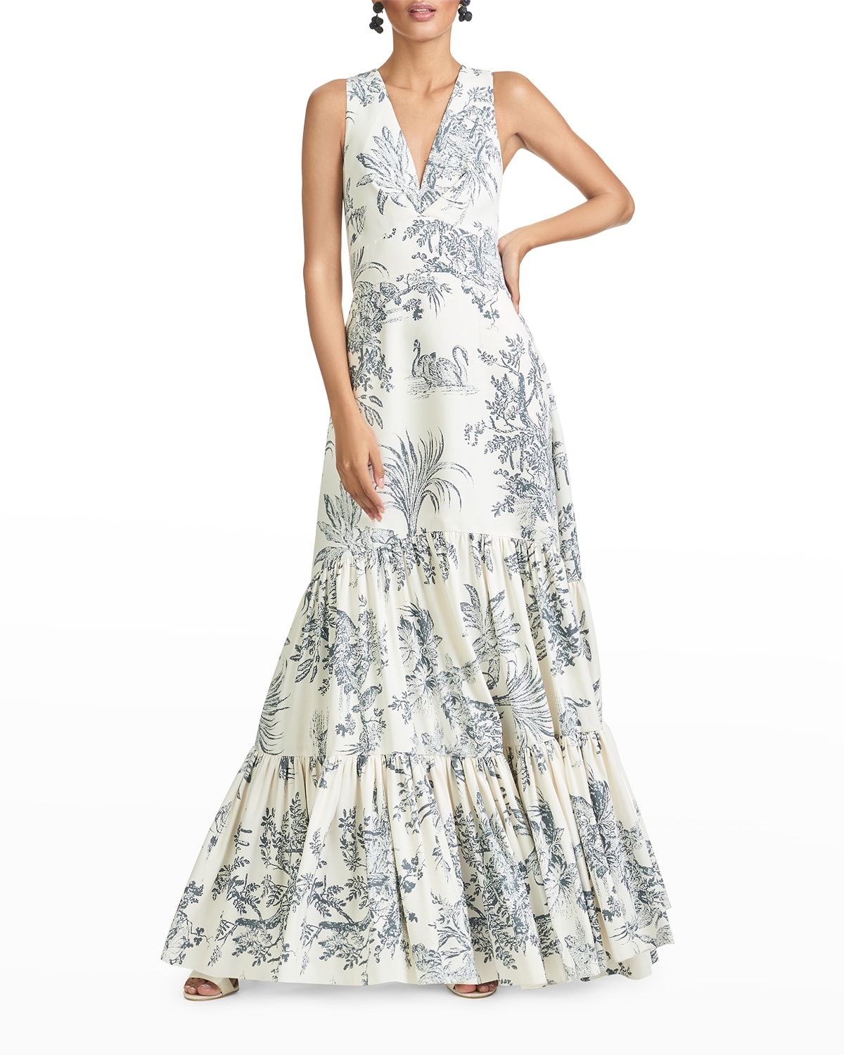 Rori Sleeveless Tropical-Print Gown