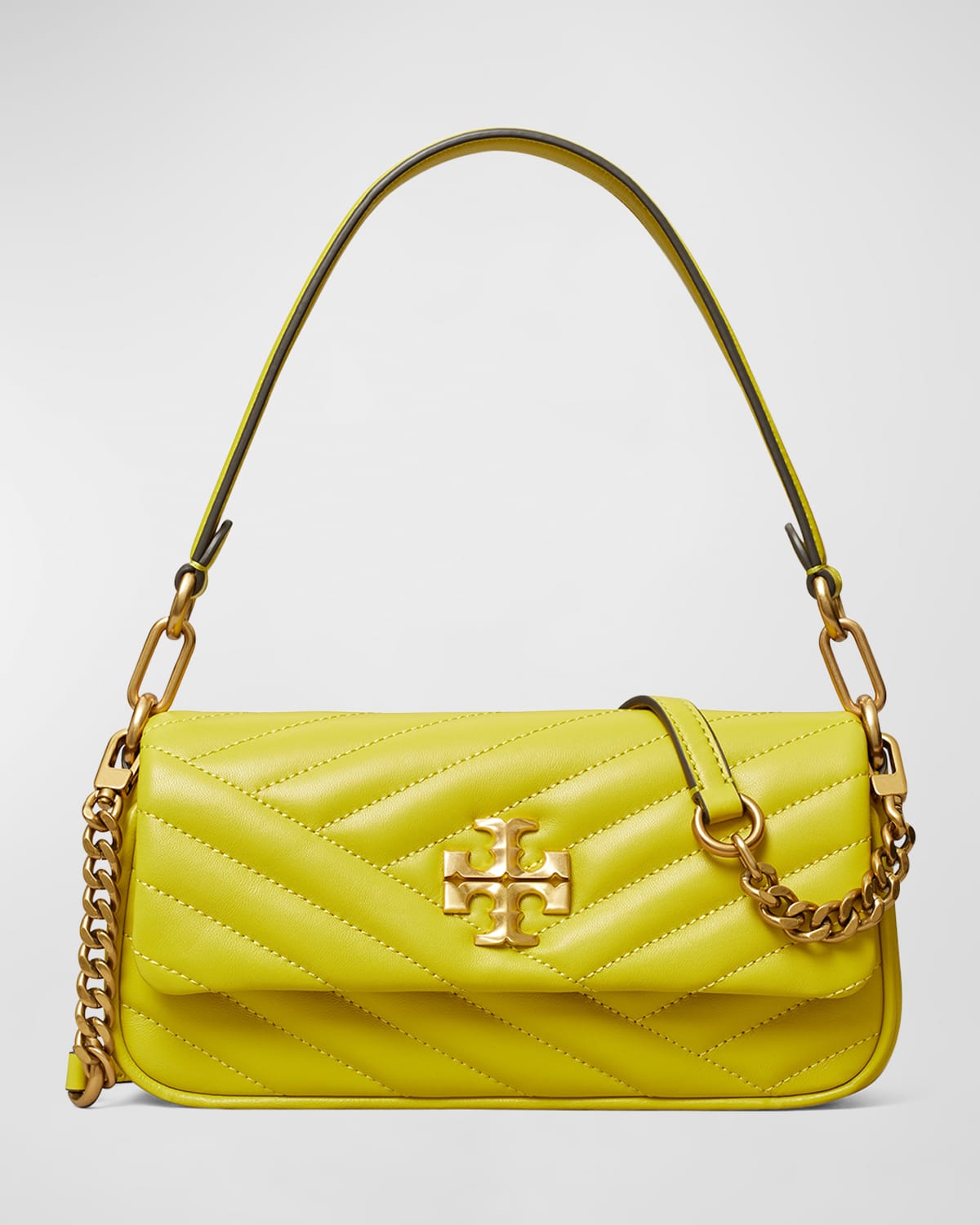 Tory Burch Kira Chevron Patent Small Flap Shoulder Bag In Island Chartreuse