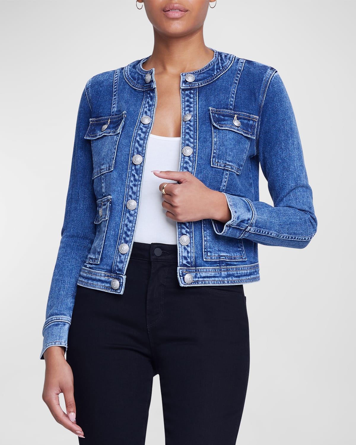 Shop L Agence Yari Faded Collarless Denim Jacket In Rhodes