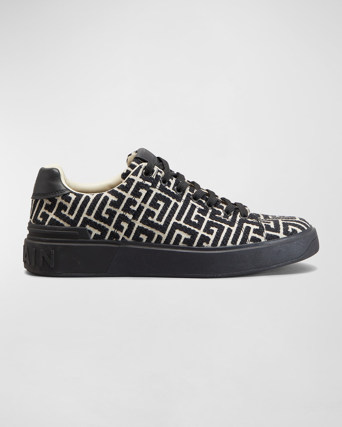 Shop Balmain Men's B-court Jacquard Monogram Low Top Sneakers In Black / Ivory