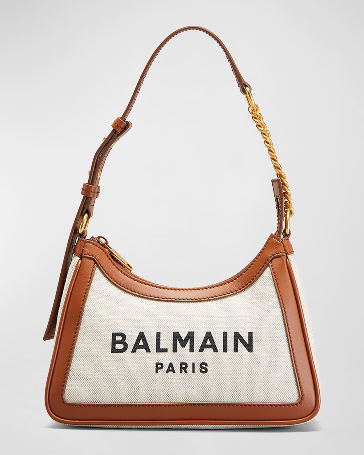 Balmain B-army Canvas And Leather Shoulder Bag In Naturel/marron