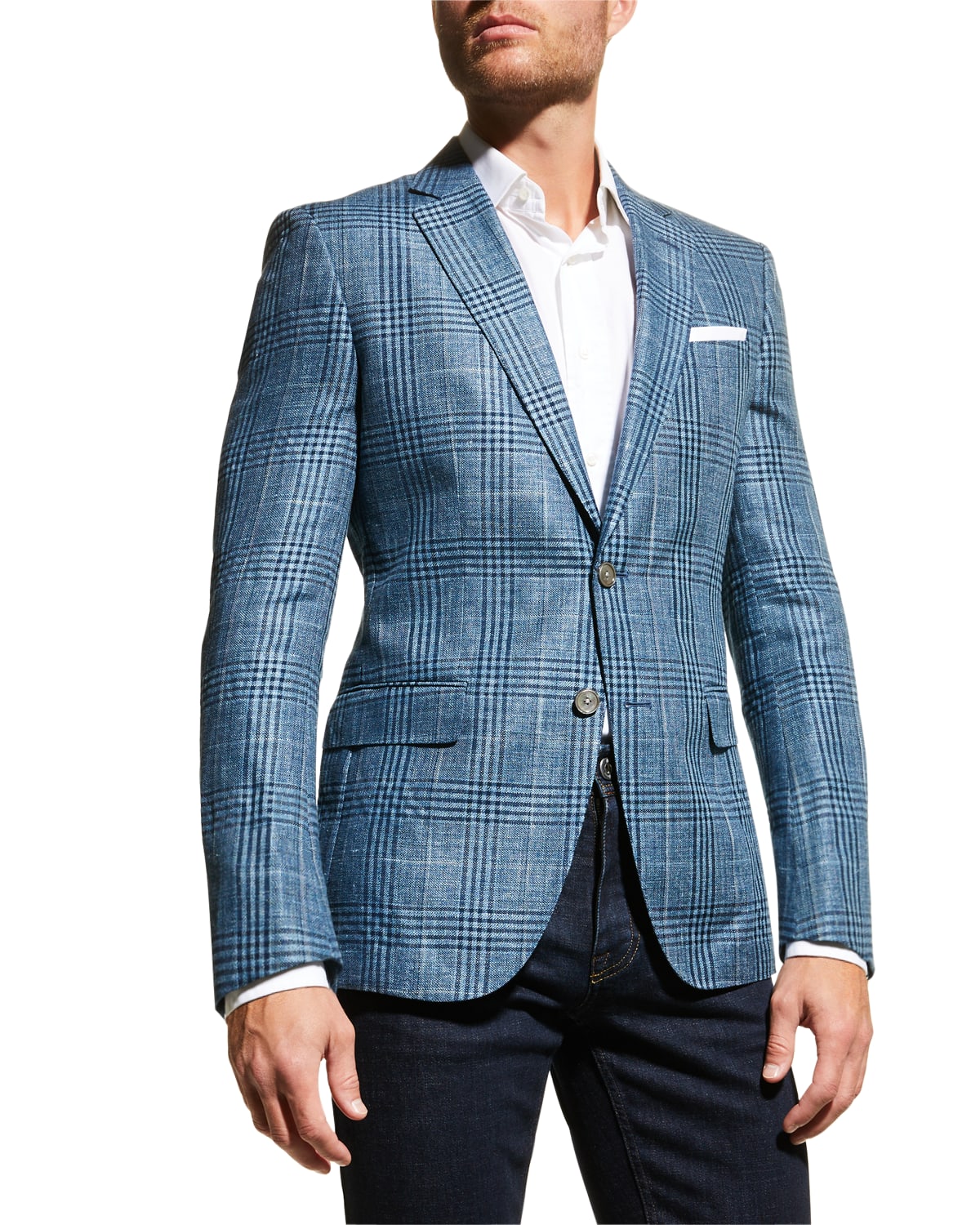 Hugo Boss Men's Slim Fit Checked Linen Blend Blazer In Meduim Blue