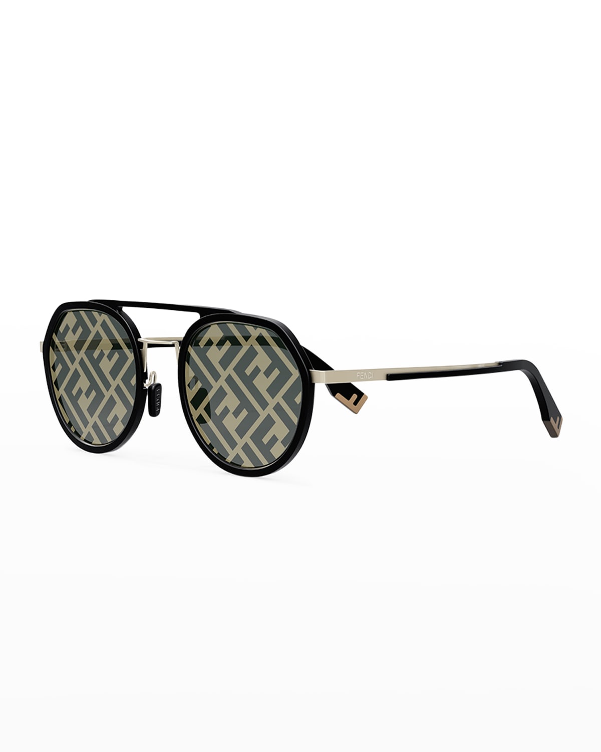 Men's FF-Monogram Lens Double-Bridge Round Sunglasses