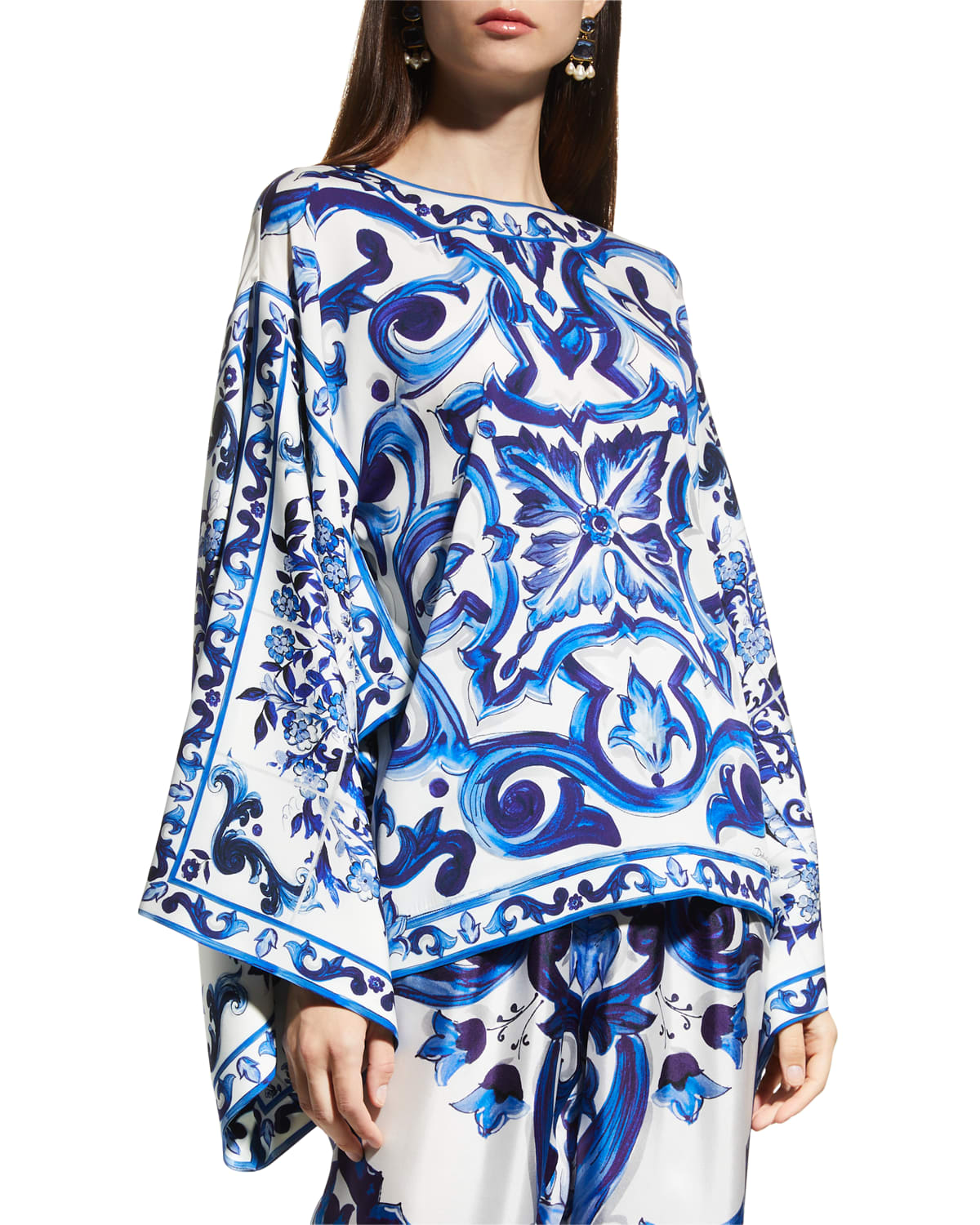 Dolce & Gabbana Kimono-sleeve Printed Charmeuse Top In Blue Print