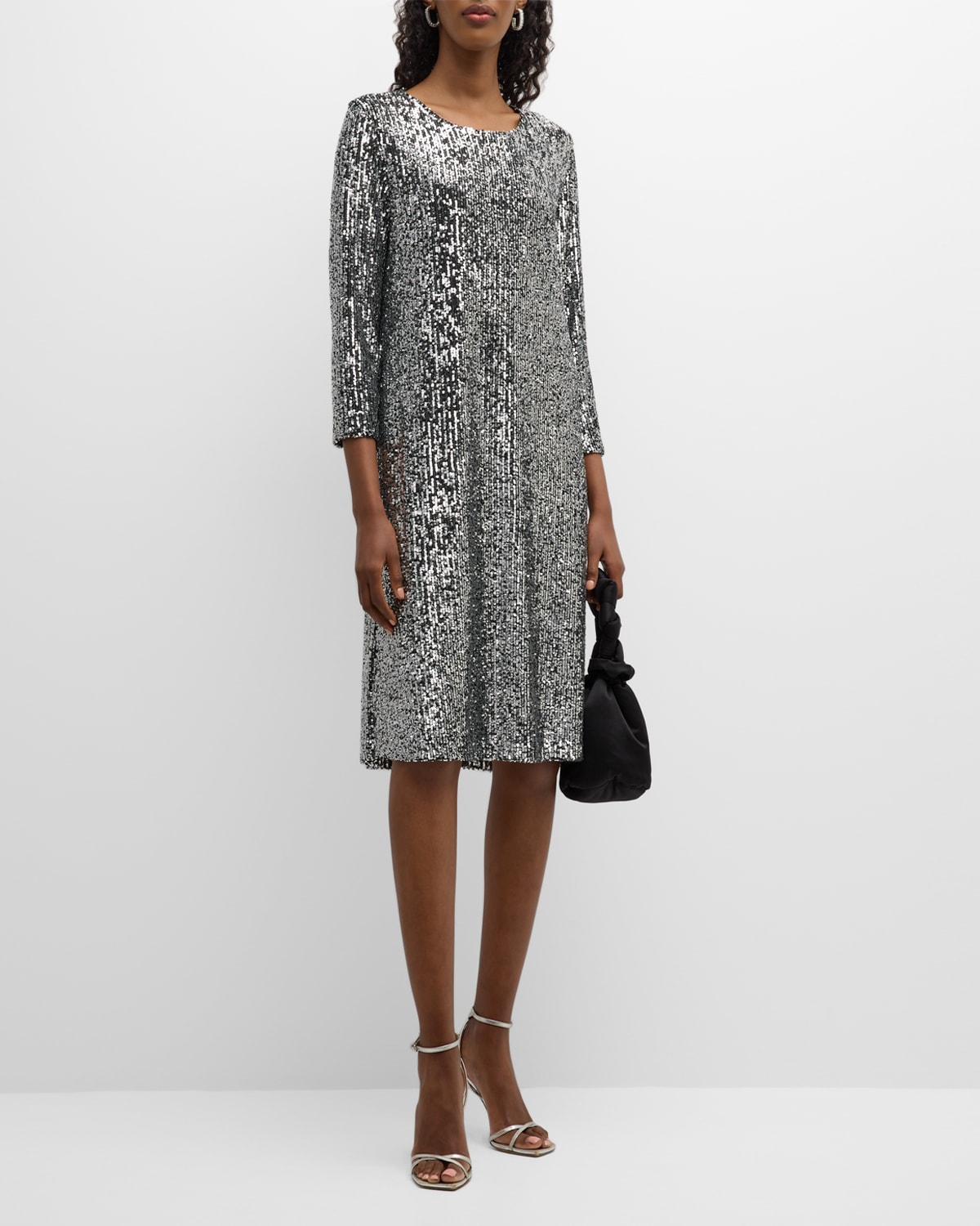 Caroline Rose 3/4-sleeve Sequin Dress In Silverblack