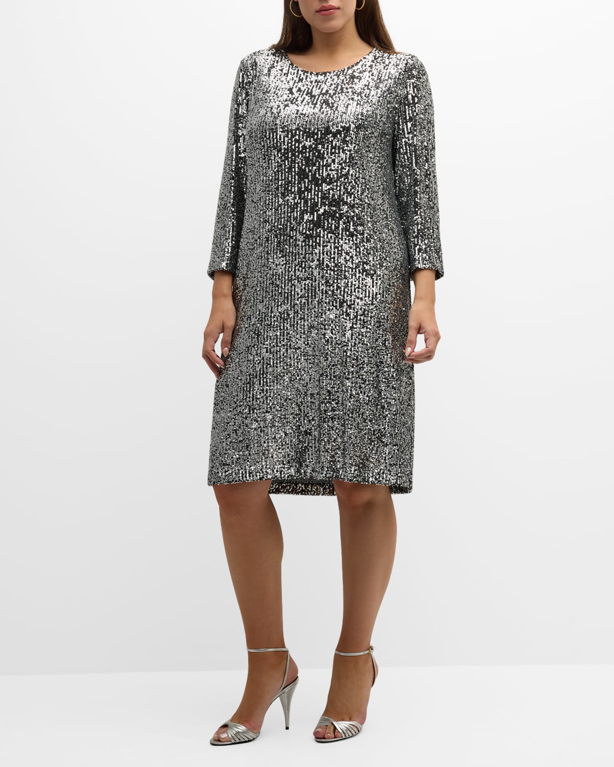 Caroline Rose Plus Plus Size Sequin 3/4-sleeve A-line Dress In Black