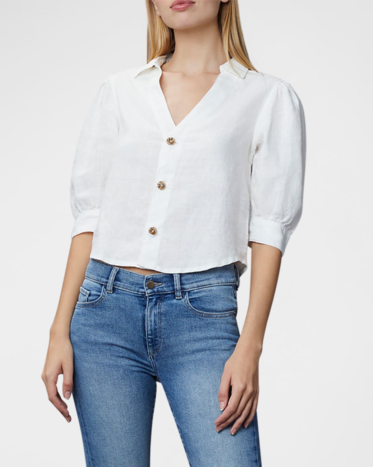 DL Premium Denim Candice Linen Puffed-Sleeve Button-Front Top