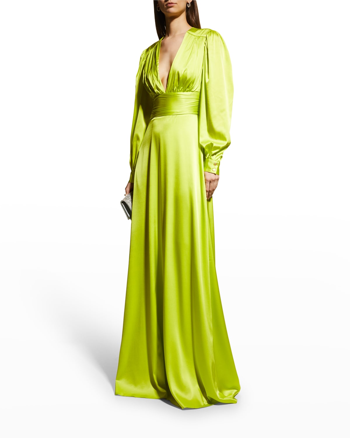 Nicole Miller Deep V-neck Open-back Gown In Lime | ModeSens