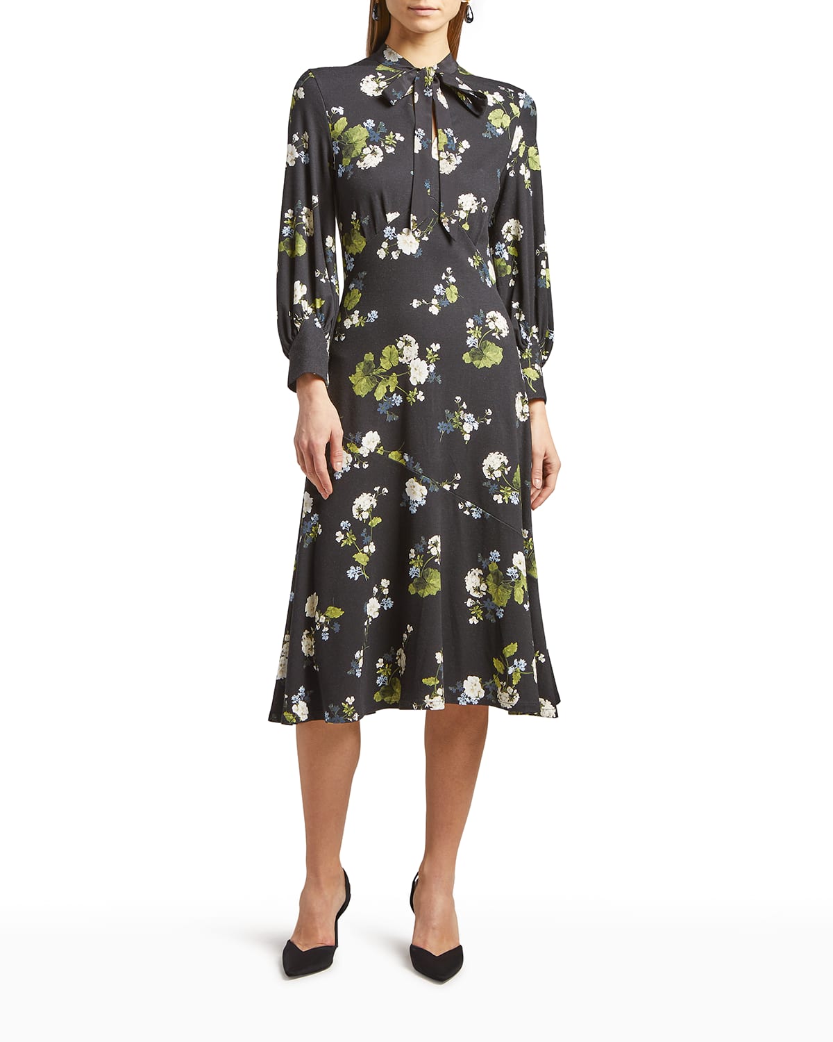 Erdem Poppy Tie-detailed Floral-print Crepe Midi Dress In Black