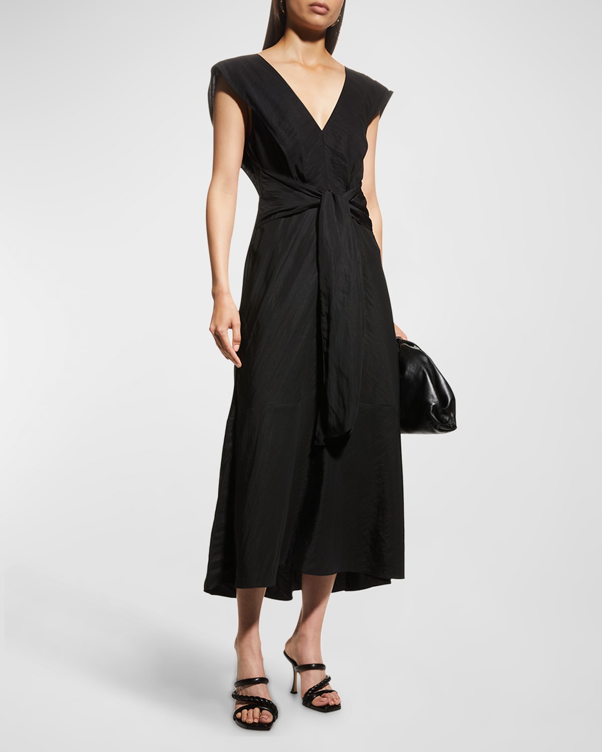 Vince Flutter-sleeve Tie-back Midi Dress In Black