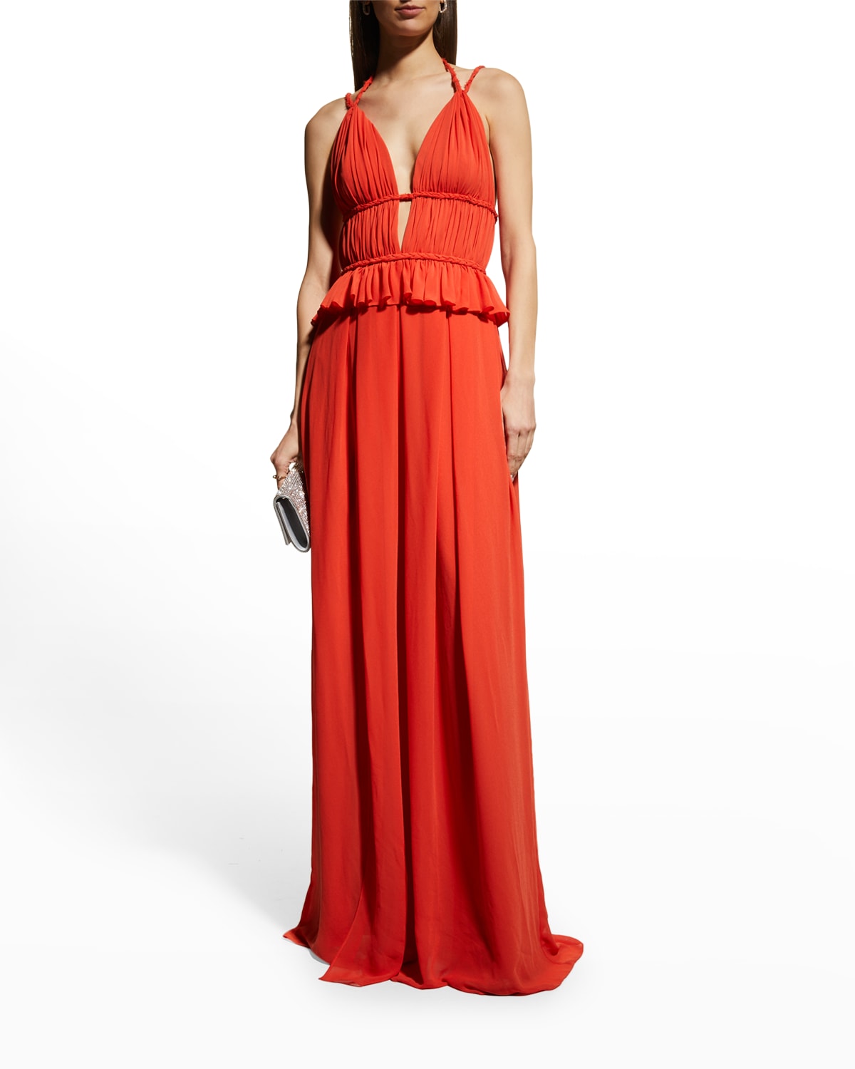 DRESS THE POPULATION ATHENA PLEATED PEPLUM CUTOUT GOWN