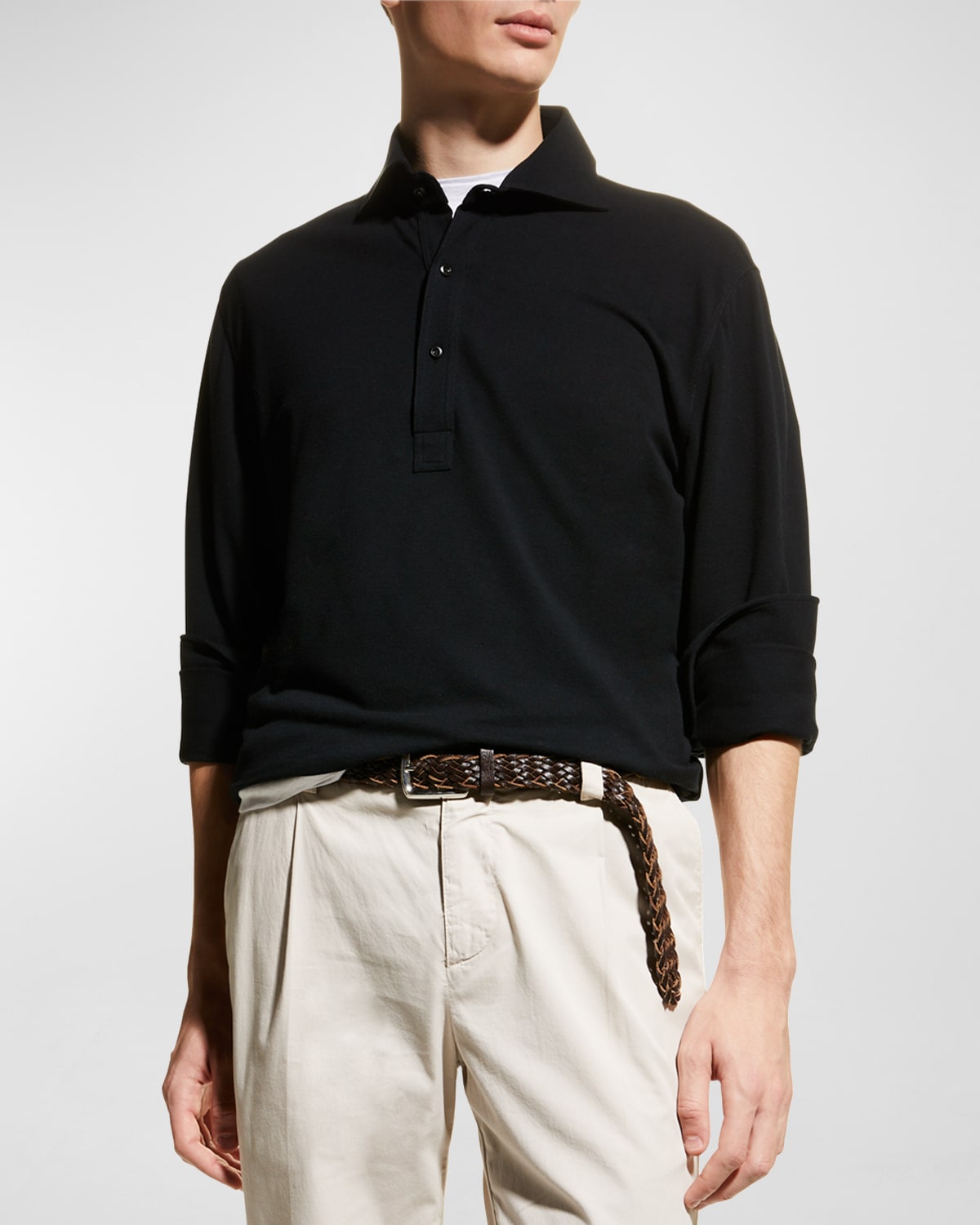 Brunello Cucinelli Men's Pique Button-cuff Polo Shirt In Black