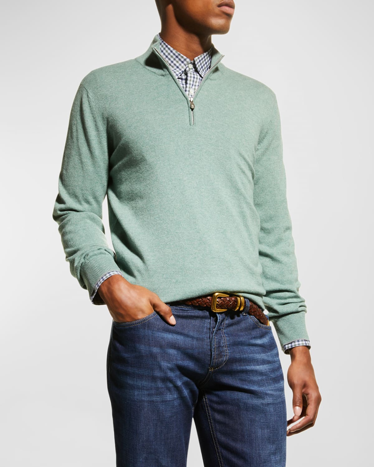 Brunello Cucinelli Men's Cashmere Quarter-zip Sweater In Cfo04 Green