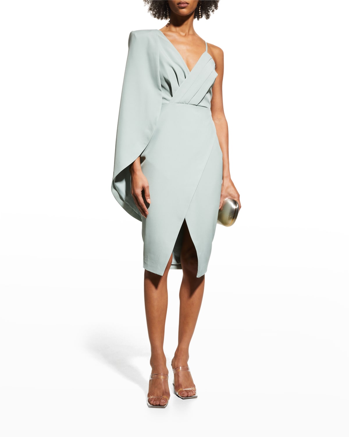 Lavish Alice Asymmetric Cape Overlay Pleated Dress In Sage Green