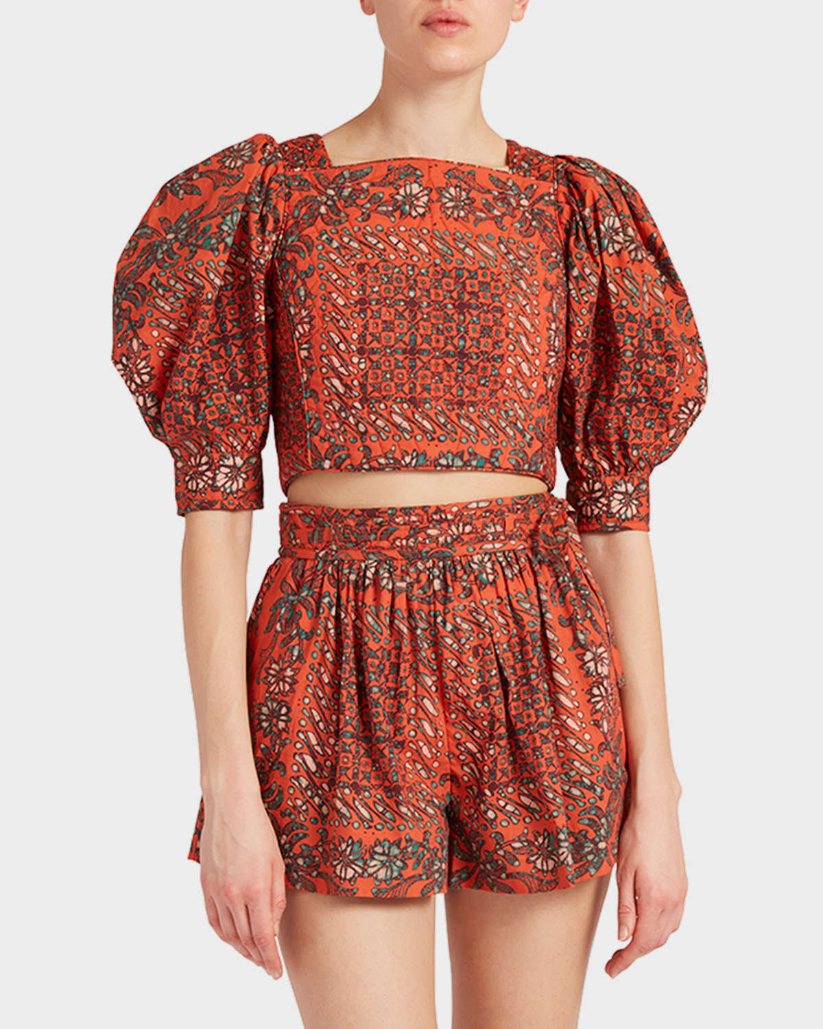 Ulla Johnson Anise Printed Puffed Sleeve Quilted Crop Top In Clementine