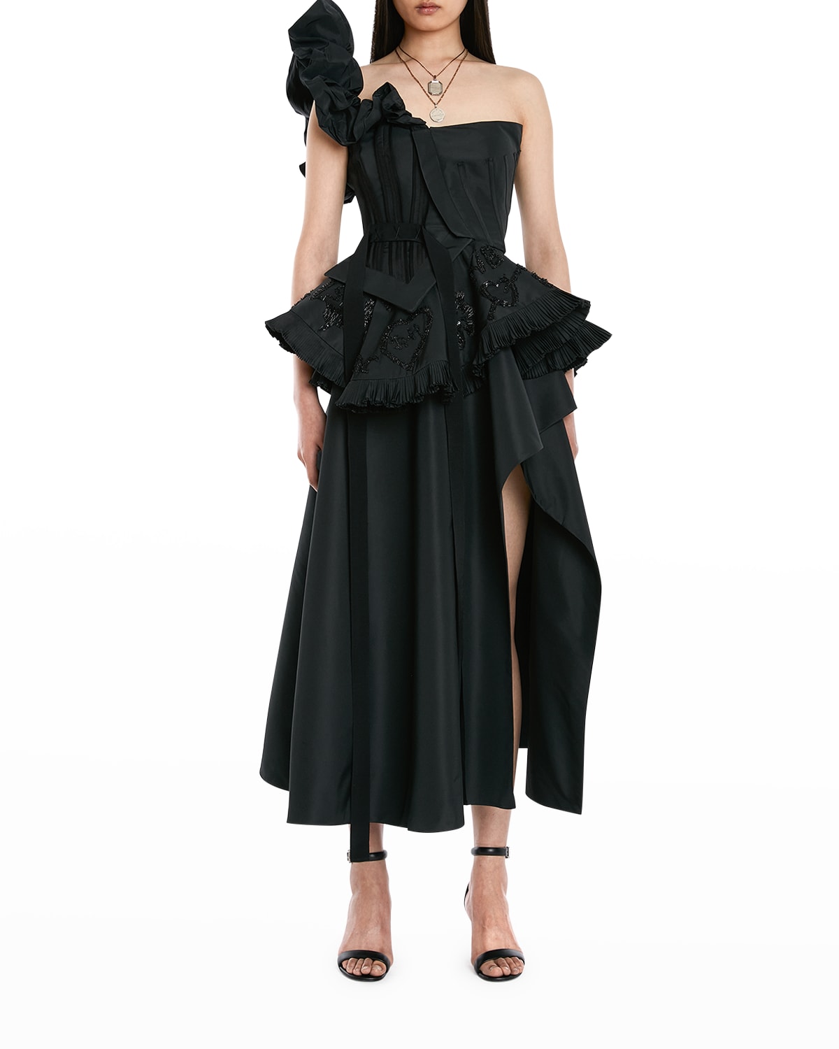 Alexander Mcqueen Embellished Deconstructed Bustier Peplum Tea-length Dress In Black