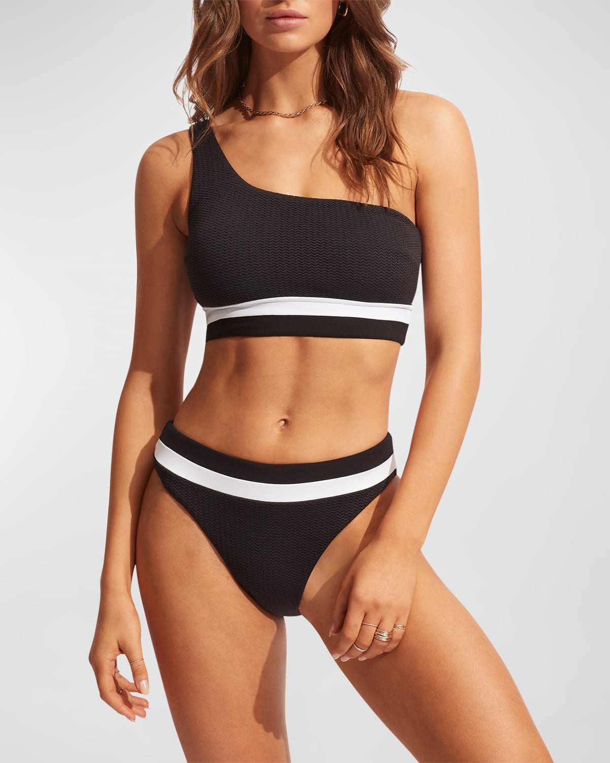 Spliced Textured One-Shoulder Bikini Top