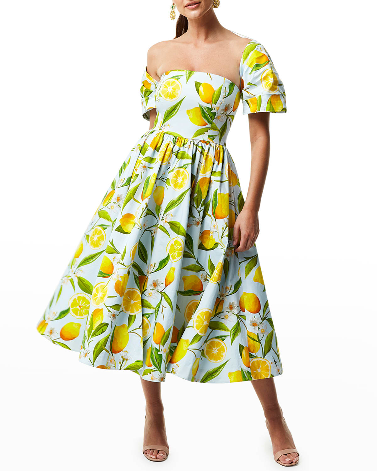 MESTIZA NEW YORK ODETTE OFF-SHOULDER LEMON-PRINT MIDI DRESS 