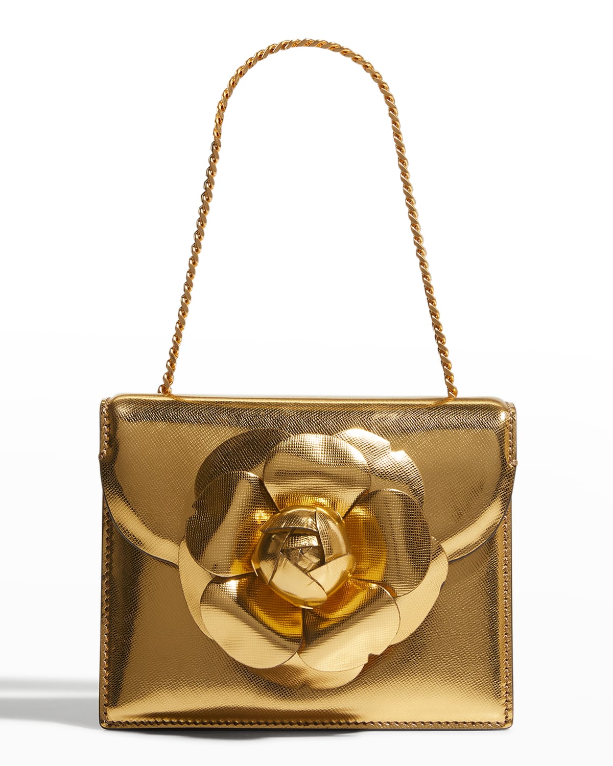 Oscar De La Renta Mini Flower Metallic Chain Crossbody Bag In Gold