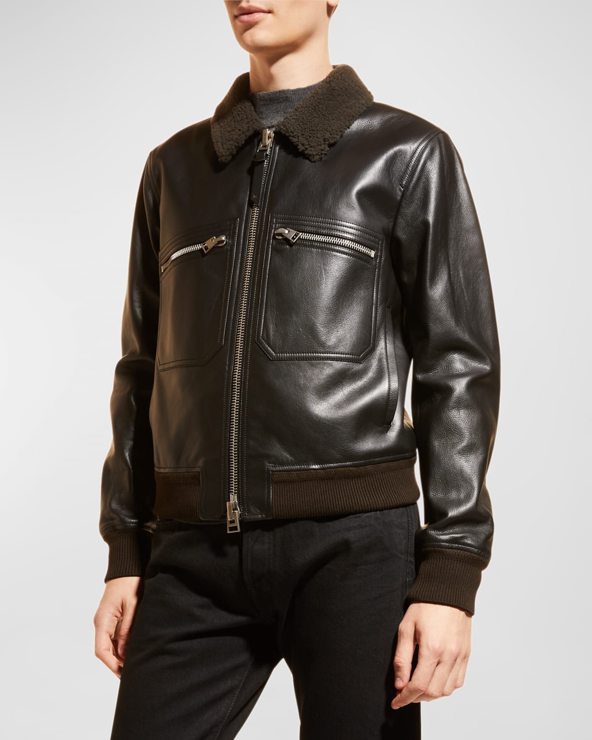 Tom Ford Men's Shearling Collar Leather Bomber Jacket In Black Solid |  ModeSens