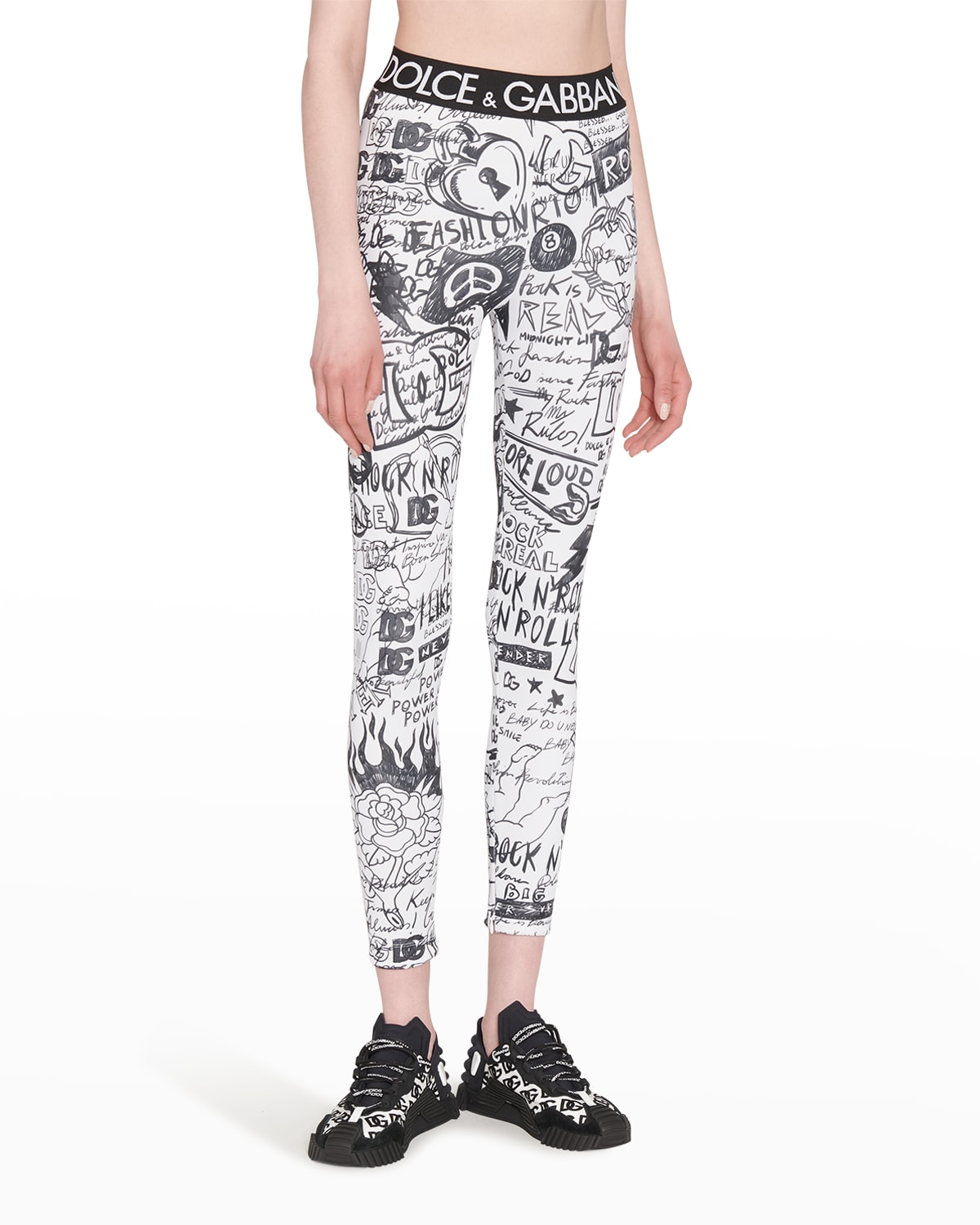 Dolce & Gabbana Logo Script-print Ankle Lycra Leggings In White Prt