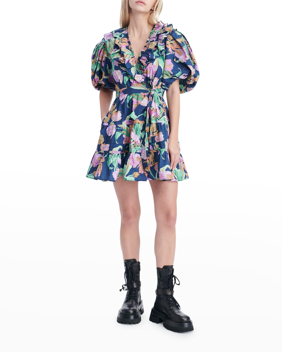 LOVE THE LABEL Remy Belted Floral Poplin Ruffle Mini Dress