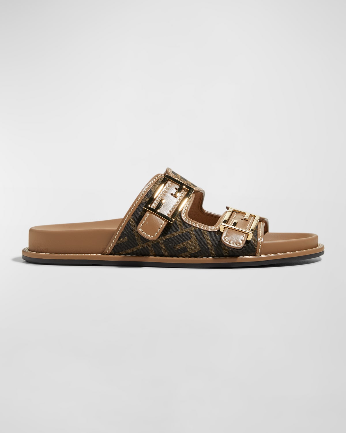 Fendi Ff Jacquard Dual Buckle Slide Sandals In Tabacco Nero