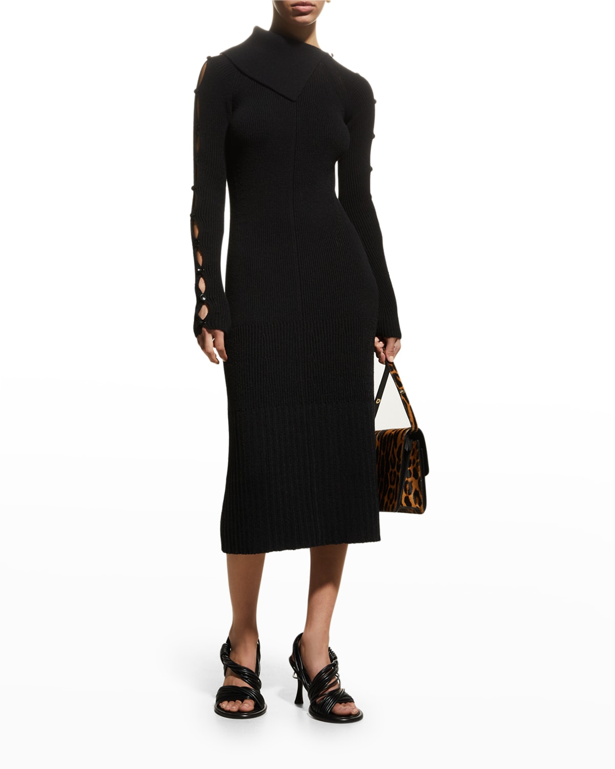 Proenza Schouler Button Keyhole-sleeve Rib Midi Dress In Black