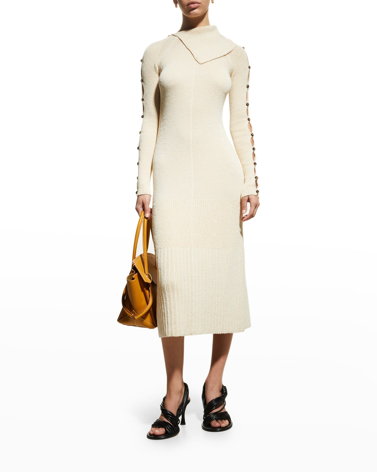 Proenza Schouler Button Keyhole-sleeve Rib Midi Dress In Ecru