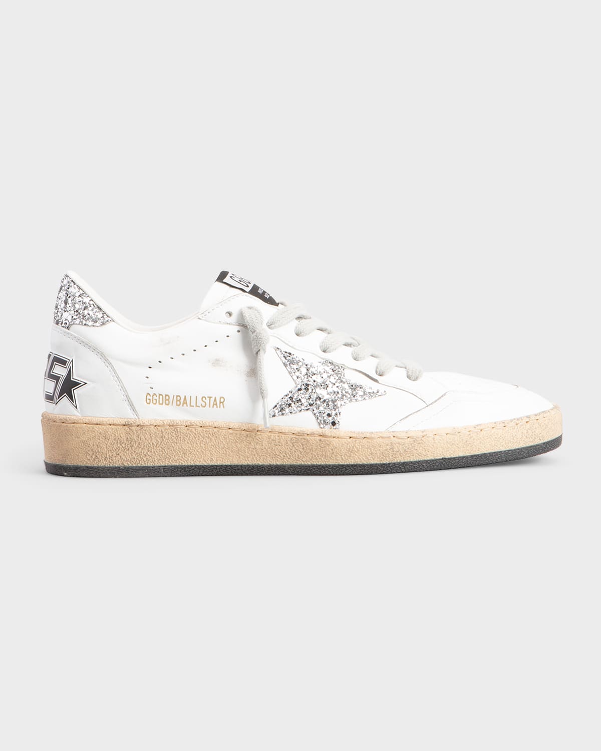 Golden Goose Ball Star Distressed Glittered Leather Sneakers In White Silver