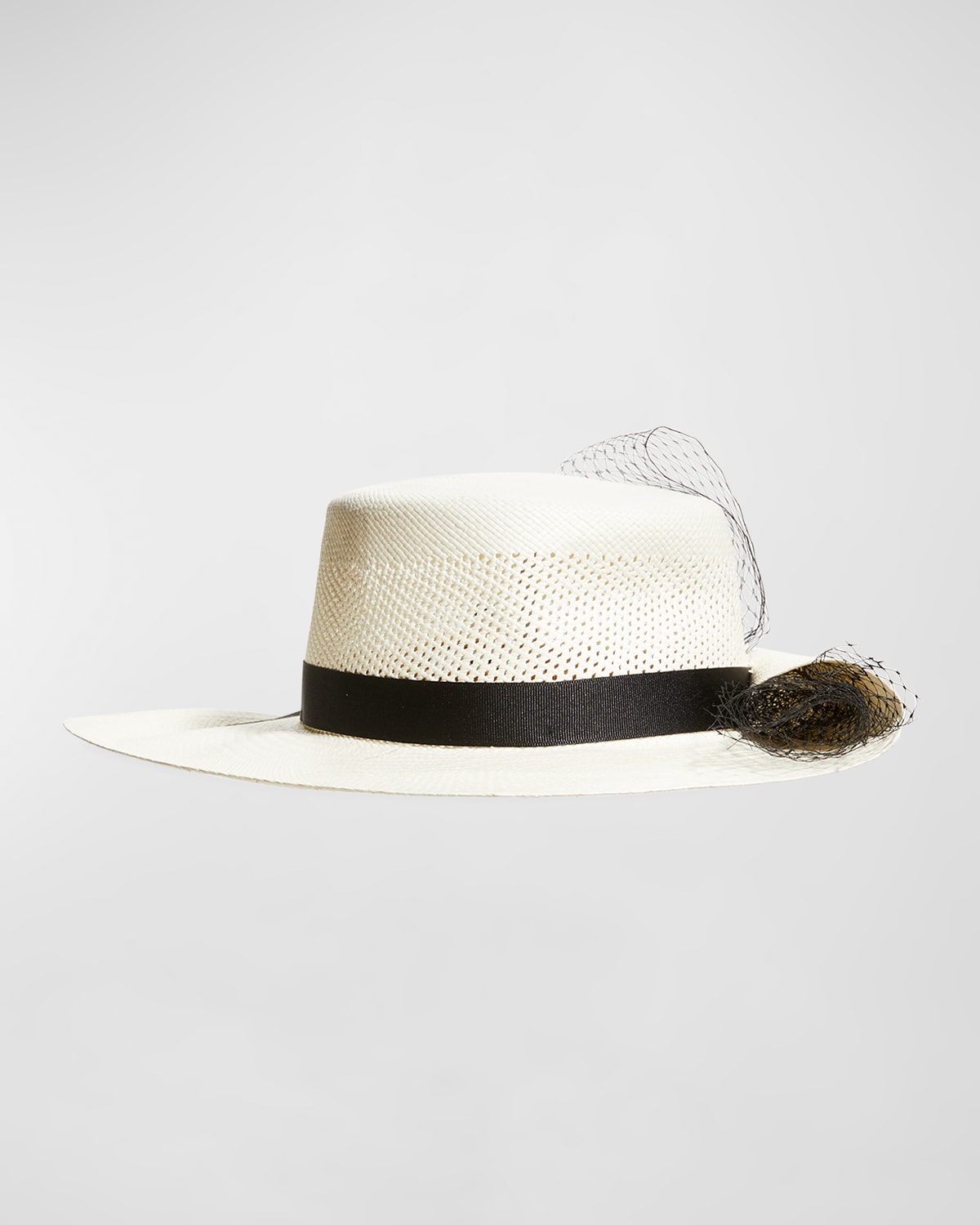 Sensi Studio Perforated Straw Hat W/ Tulle Veil In White Black