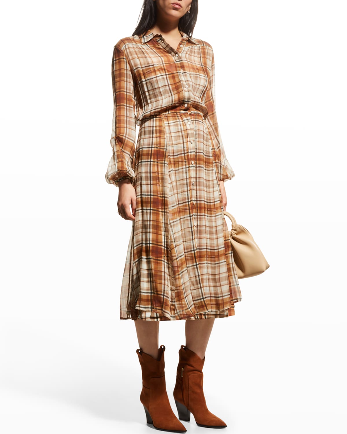ALESSIA ZAMATTIO Viola Plaid Button-Front Silk Midi Dress