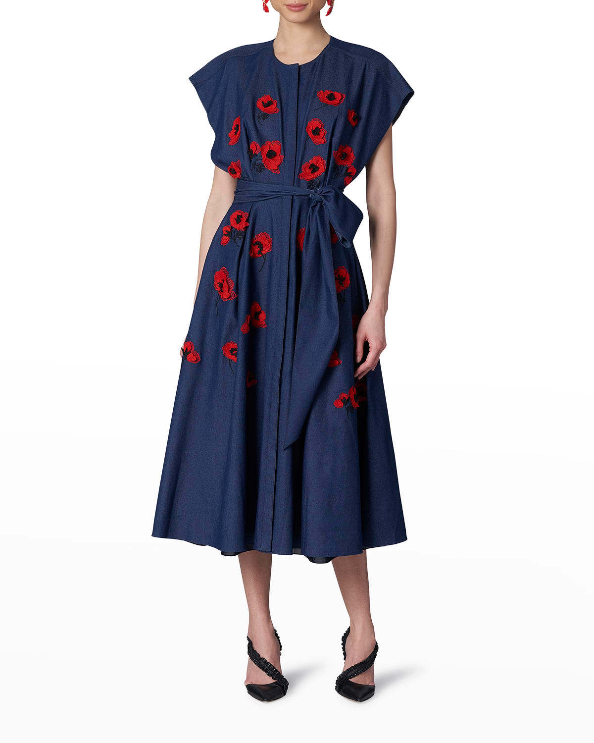 Floral Appliqué Belted Midi Trench Dress